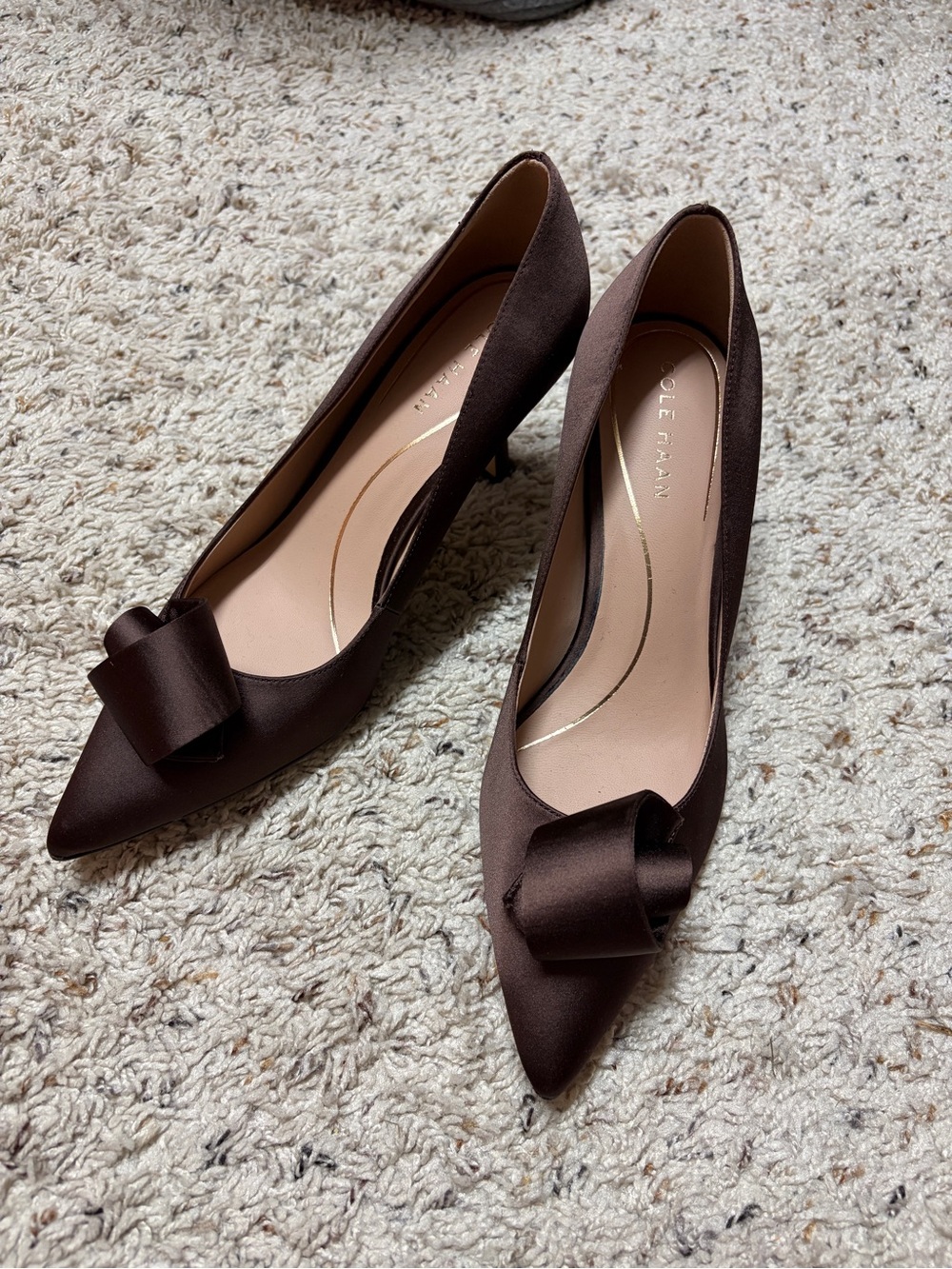 Cole Haan Brown Satin Pointed-Toe Bow Heels